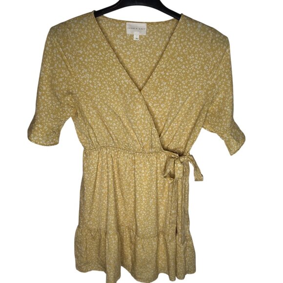 Ditsy Floral Sundress Womens Sz L Yellow Waist Tie Prairie Cottagecore - Picture 1 of 13